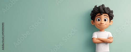 A cheerful cartoon boy stands confidently against a soft green wall, showcasing creativity and fun in a playful illustration.