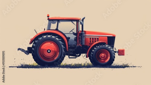 Minimalist cute red tractor illustration with simple screen print style on white background