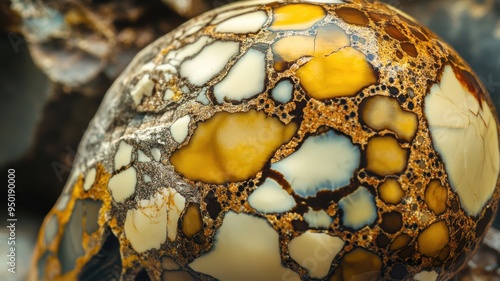 Detailed view of septarian stone showcasing yellow and brown textures photo