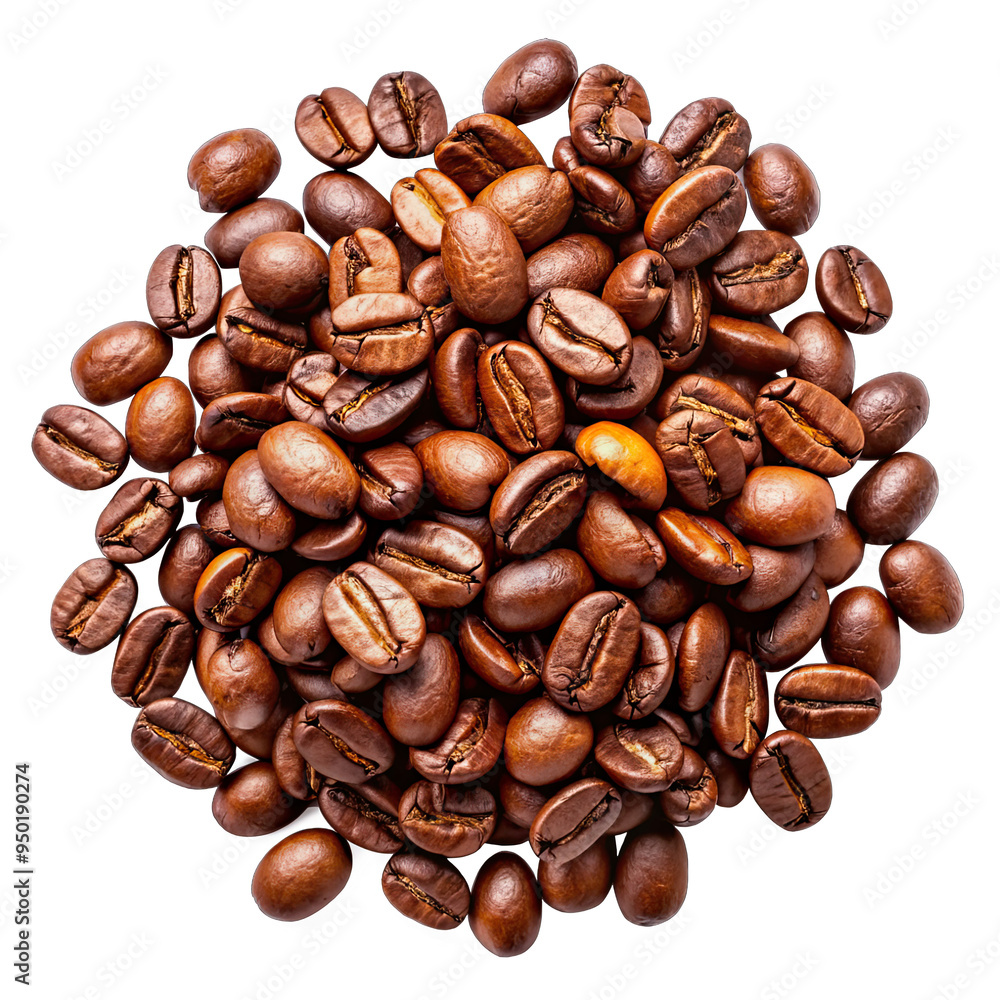 A close-up view of roasted coffee beans scattered on a white background. The beans are dark brown and glossy, with a slightly oily sheen A close-up view of roasted coffee beans scattered on a white background. The beans are dark brown and glossy, with a slightly oily sheen