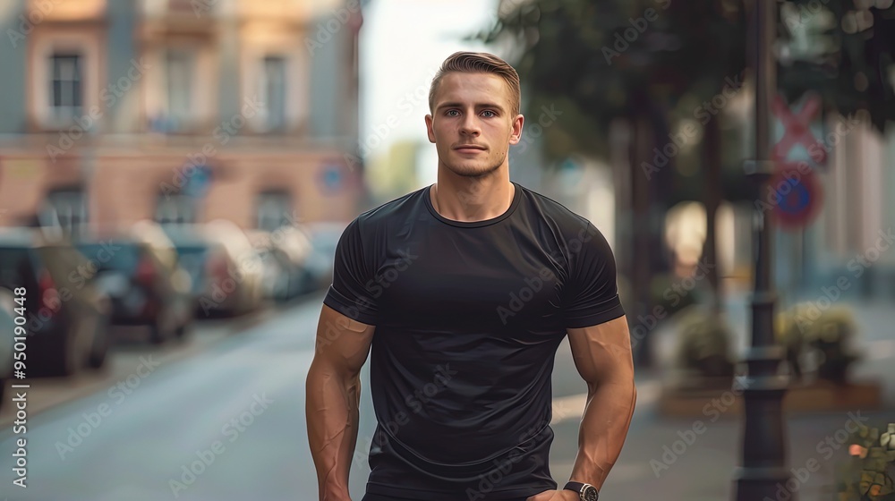 Plain black t-shirt mockup on an attractive, fit man walking through a city street. The smooth shirt glistens in sunlight with a clean and minimal design focus. Plain black t-shirt mockup on an attractive, fit man walking through a city street. The smooth shirt glistens in sunlight with a clean and minimal design focus.