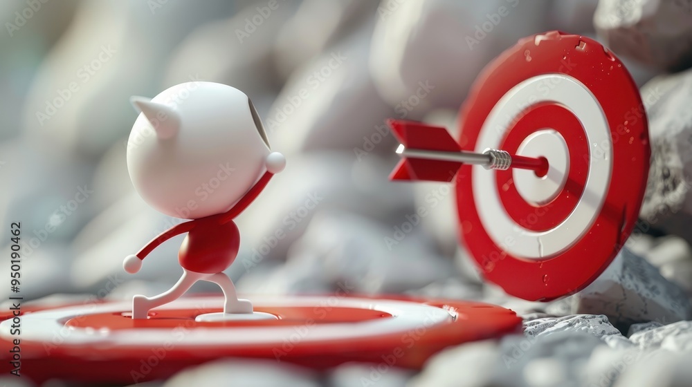 Cartoon character running towards a target on an upward arrow in a playful 3D rendering Cartoon character running towards a target on an upward arrow in a playful 3D rendering