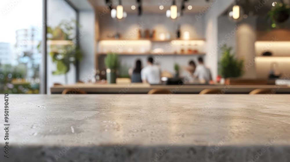 Empty kitchen counter ready for product display with blurred people in a modern setting Empty kitchen counter ready for product display with blurred people in a modern setting