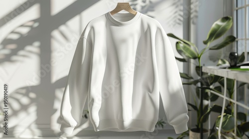 Stylish blank white sweatshirt jumper displayed in a sunlit room with indoor plants