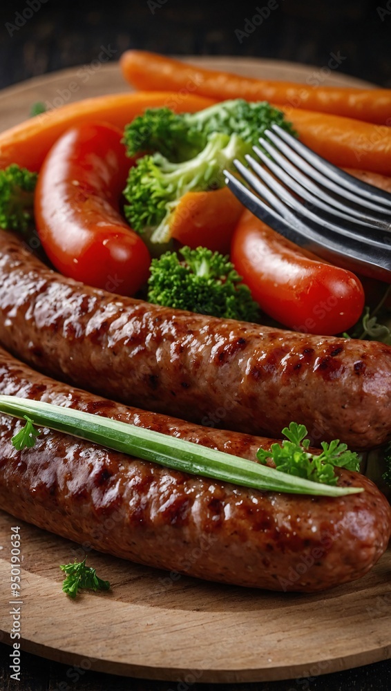 Close-up of sausage slices accompanied by fresh vegetables. Close-up of sausage slices accompanied by fresh vegetables.