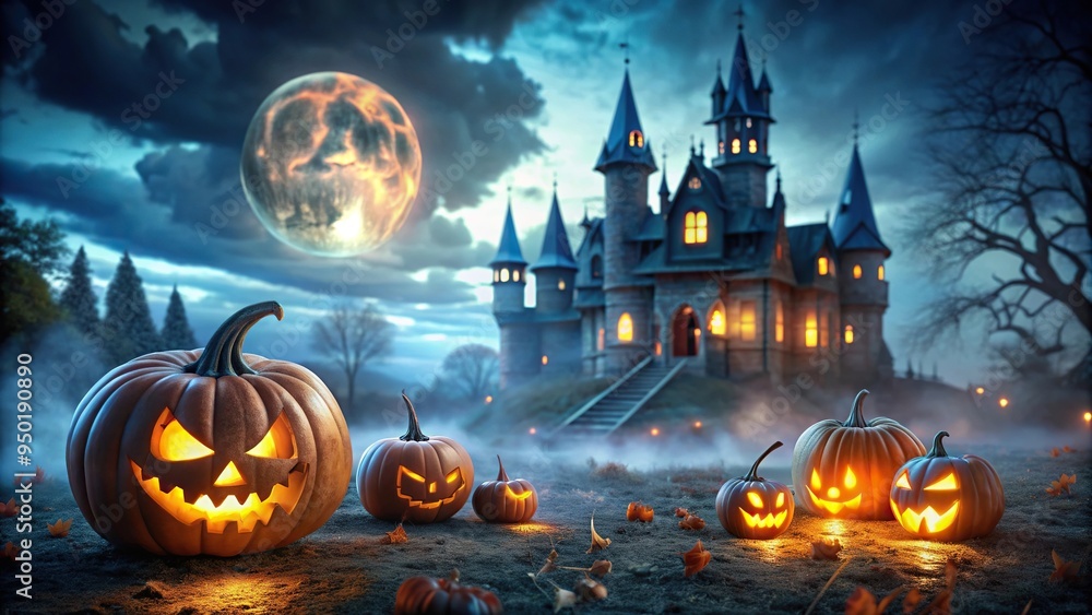 halloween night scene with a haunted castle in the background, with focus on the spooky decorations in the foreground, spooky, depth of field, creepy, night, trick or treat, enchanted halloween night scene with a haunted castle in the background, with focus on the spooky decorations in the foreground, spooky, depth of field, creepy, night, trick or treat, enchanted