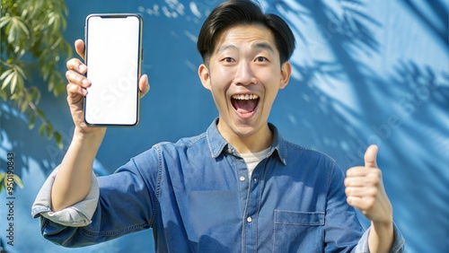  great promo excited asian man showing blank smart phone