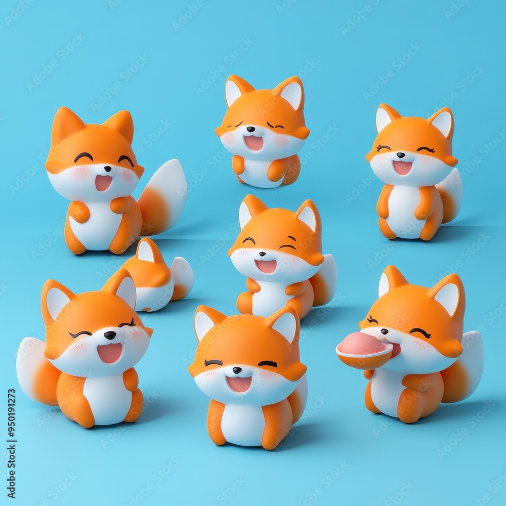 A collection of cute, smiling fox figurines in various playful poses against a blue background. A collection of cute, smiling fox figurines in various playful poses against a blue background.