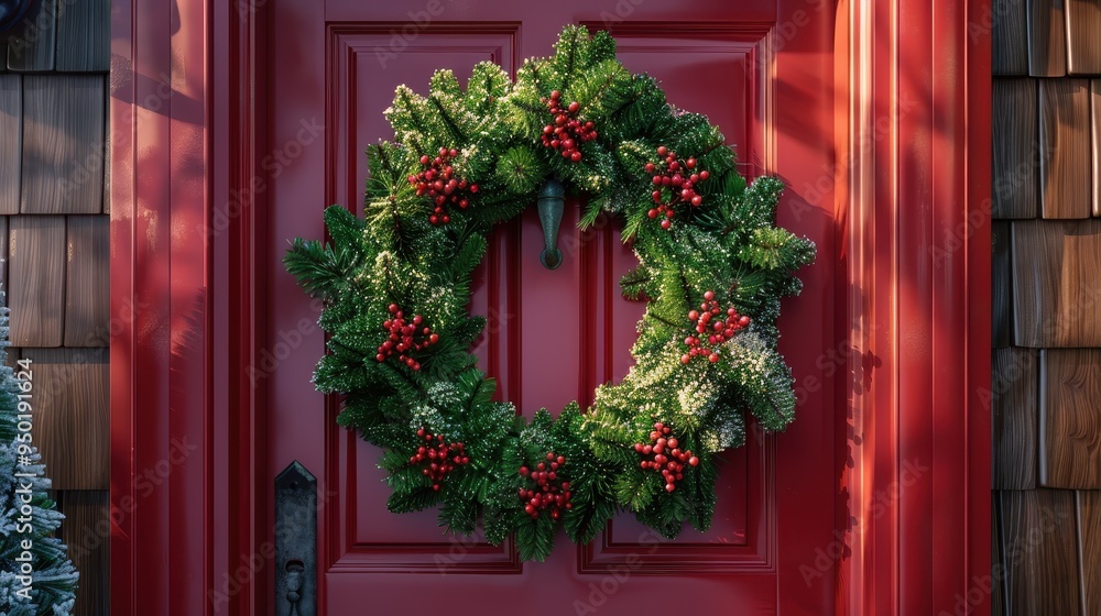 A festive Christmas wreath adorned with red berries on a vibrant red front door entryway A festive Christmas wreath adorned with red berries on a vibrant red front door entryway