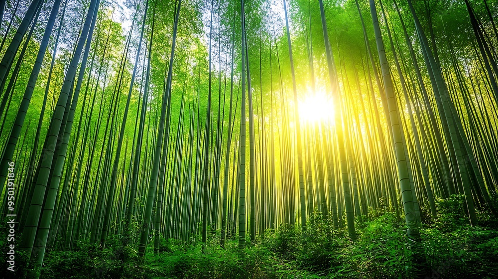 Fototapeta premium A lush bamboo forest with tall stalks reaching towards the sky and soft sunlight filtering through