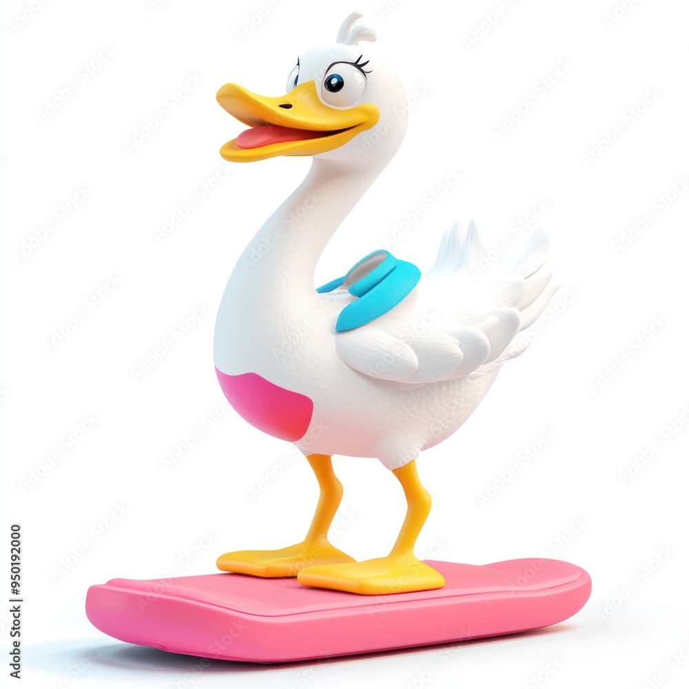 A cheerful cartoon duck standing on a pink surfboard, ready for fun in the water. A cheerful cartoon duck standing on a pink surfboard, ready for fun in the water.