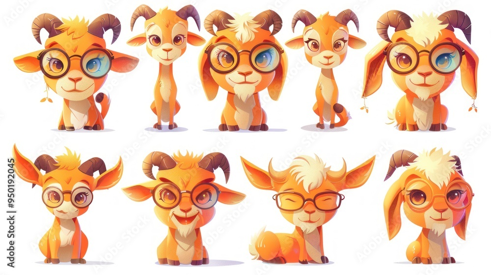 A collection of cute cartoon goats with various expressions and glasses. A collection of cute cartoon goats with various expressions and glasses.