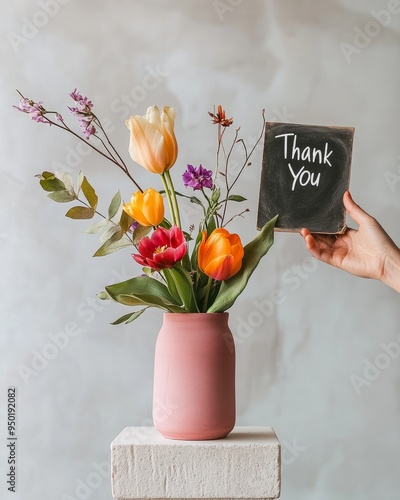 Womans Hand Holding Chalkboard with Thank You Text Near Minimalist Floral Arrangement on World Teachers Day in Modern White Interior photo