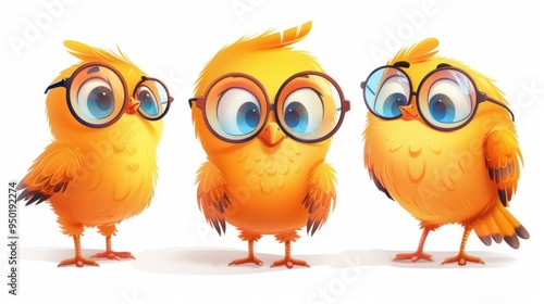 Three cute cartoon birds wearing glasses, showcasing a playful and whimsical design.
