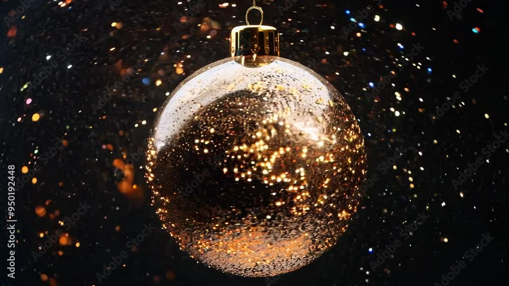 A golden shiny Christmas tree ball with patterns is spinning on a black background with bokeh A golden shiny Christmas tree ball with patterns is spinning on a black background with bokeh