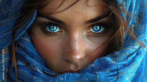 A woman in a vibrant blue scarf with luminous eyes showcases beauty and tradition in her expression photo