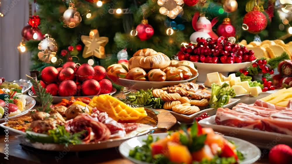 Christmas festive table with various dishes and drinks Christmas festive table with various dishes and drinks