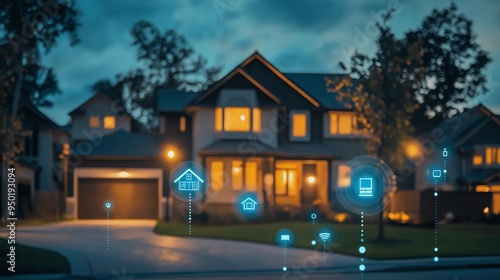 A suburban neighborhood with a lush green lawn and multiple white icons symbolizing various smart home capabilities at sunset.	
