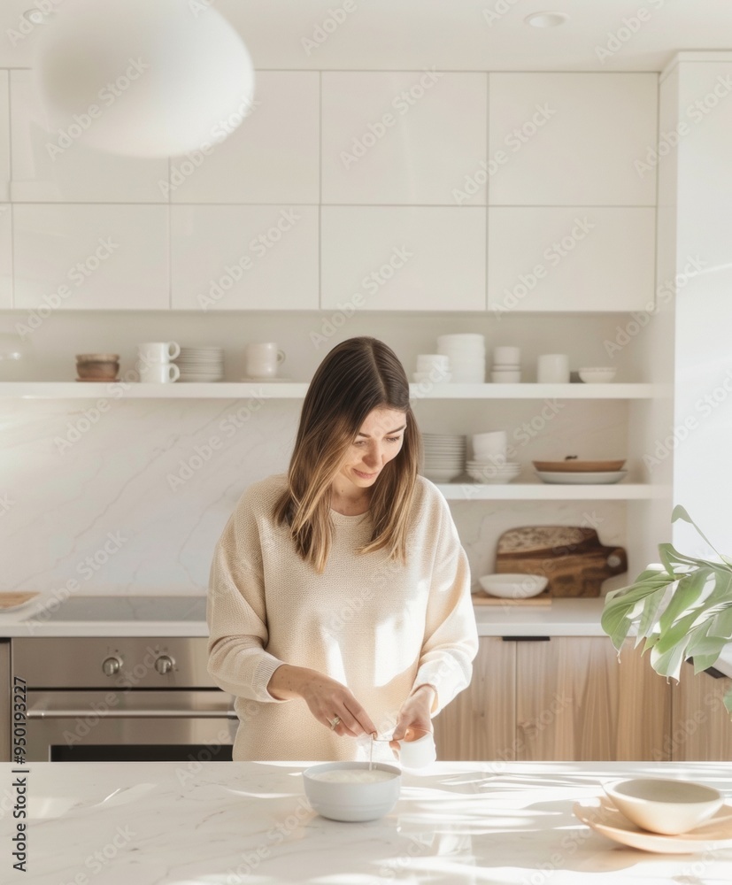 European Adult Woman Preparing Morning Coffee with Lions Mane Mushroom Extract in Bright Minimalist Kitchen European Adult Woman Preparing Morning Coffee with Lions Mane Mushroom Extract in Bright Minimalist Kitchen