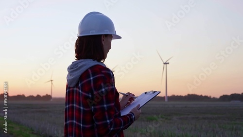 Woman engineer is taking notes on a clipboard on a field with wind turbines, as the sun sets in evening. Clean energy and engineering