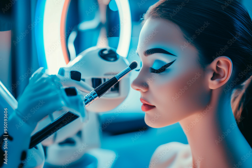 Robot applying makeup to a woman in a futuristic setting, showcasing the intersection of beauty and advanced AI technology in cosmetology Robot applying makeup to a woman in a futuristic setting, showcasing the intersection of beauty and advanced AI technology in cosmetology