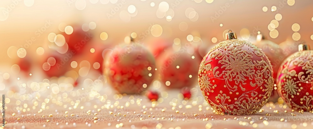 Red Christmas Ornaments with Gold Glitter and Bokeh Lights Red Christmas Ornaments with Gold Glitter and Bokeh Lights