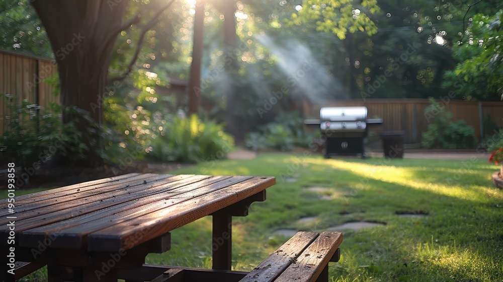 Serene Backyard Scene with Wooden Table, Grill, and Dappled Sunlight Serene Backyard Scene with Wooden Table, Grill, and Dappled Sunlight