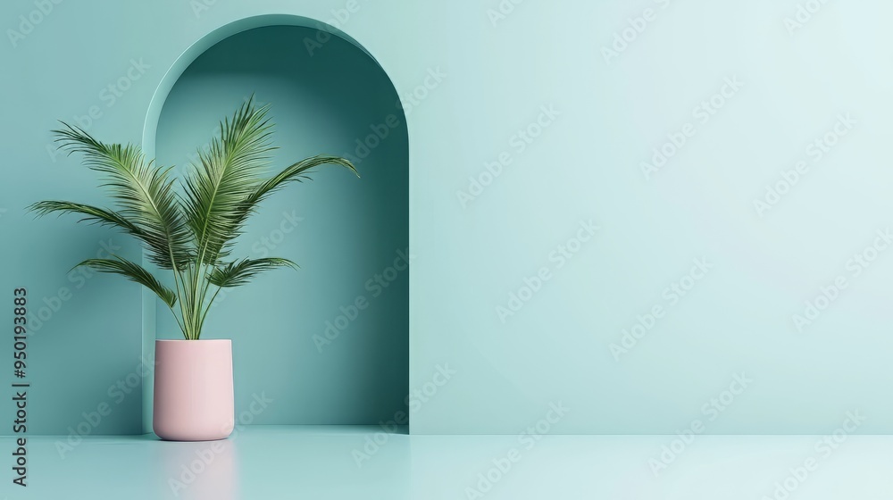 A stylish indoor scene featuring a potted plant against a mint green wall with an elegant arch, perfect for modern decor. A stylish indoor scene featuring a potted plant against a mint green wall with an elegant arch, perfect for modern decor.
