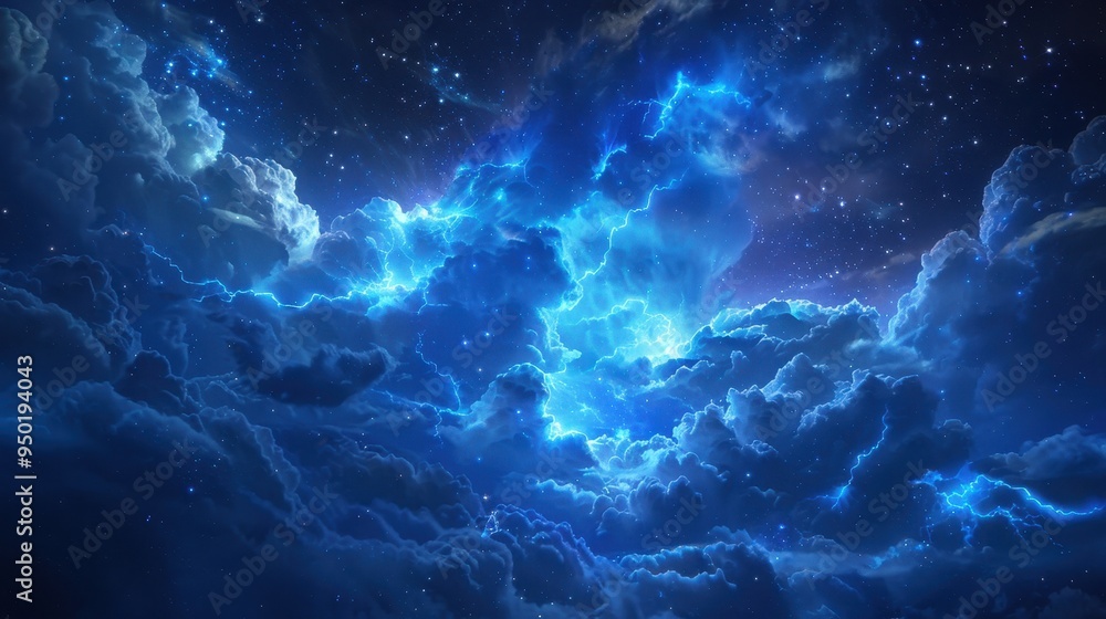 A brilliant lightning bolt illuminates stormy clouds on a tempestuous night sky A brilliant lightning bolt illuminates stormy clouds on a tempestuous night sky