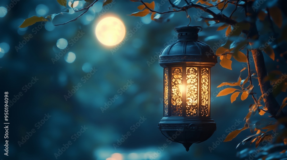 A Serene Night Scene with a Glowing Lantern and Moonlight A Serene Night Scene with a Glowing Lantern and Moonlight