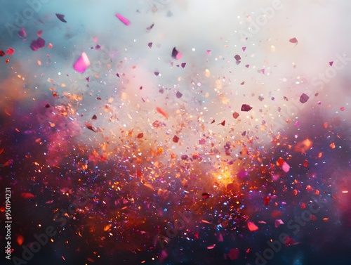 Baryonic Particles Dancing Amidst Shimmering Confetti in Dreamlike Impressionistic Scene photo