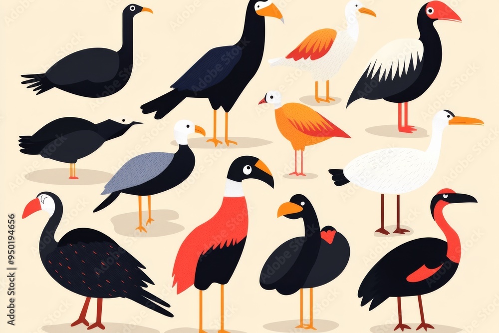 Fototapeta premium A collection of birds in various colors and sizes. The birds are all different shapes and sizes, and they are all standing in a row. The image has a playful and whimsical feel to it