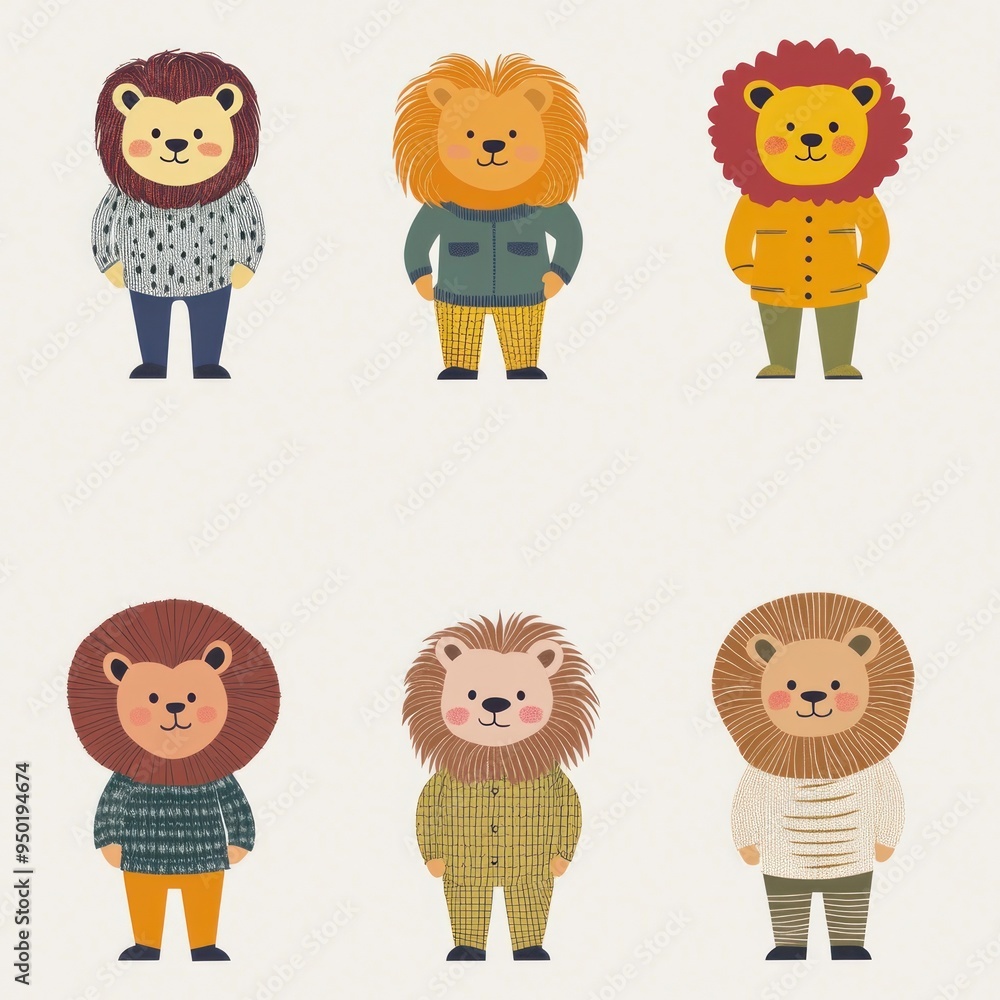 A playful illustration of six cartoon lions in various outfits and styles. A playful illustration of six cartoon lions in various outfits and styles.
