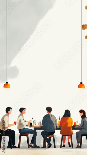 Minimalist character illustrations in Notion style, white background, with a group of people sitting at a table	