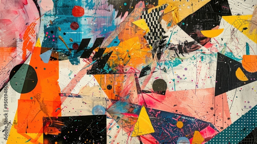 Obraz premium A mixed media collage featuring geometric patterns, creating an intense abstract atmosphere