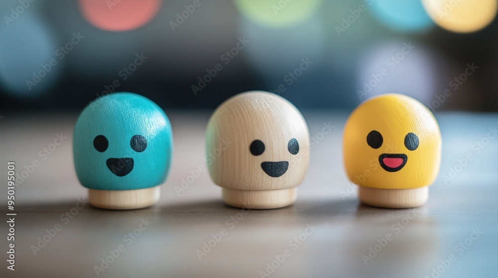 A wooden figures with smiley faces on a table. A wooden figures with smiley faces on a table.