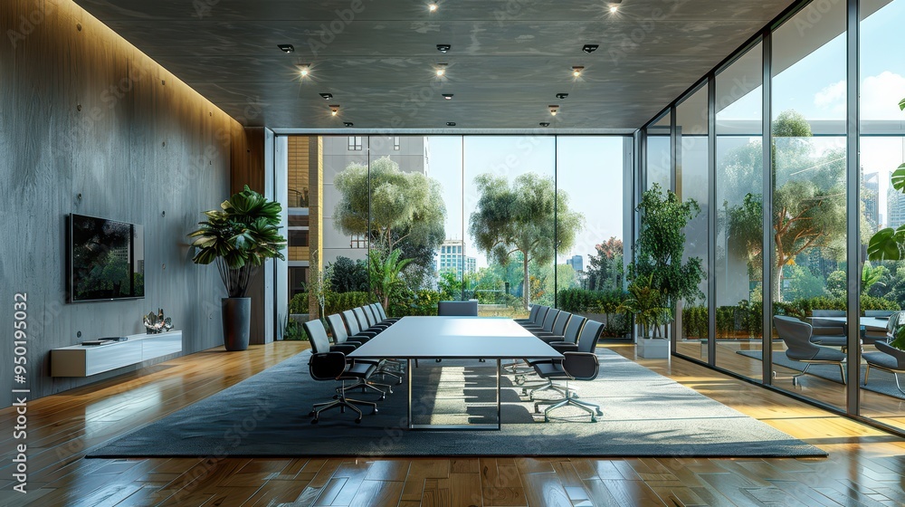 Fototapeta premium Contemporary Office Space with Expansive Windows and Stylish Conference Table