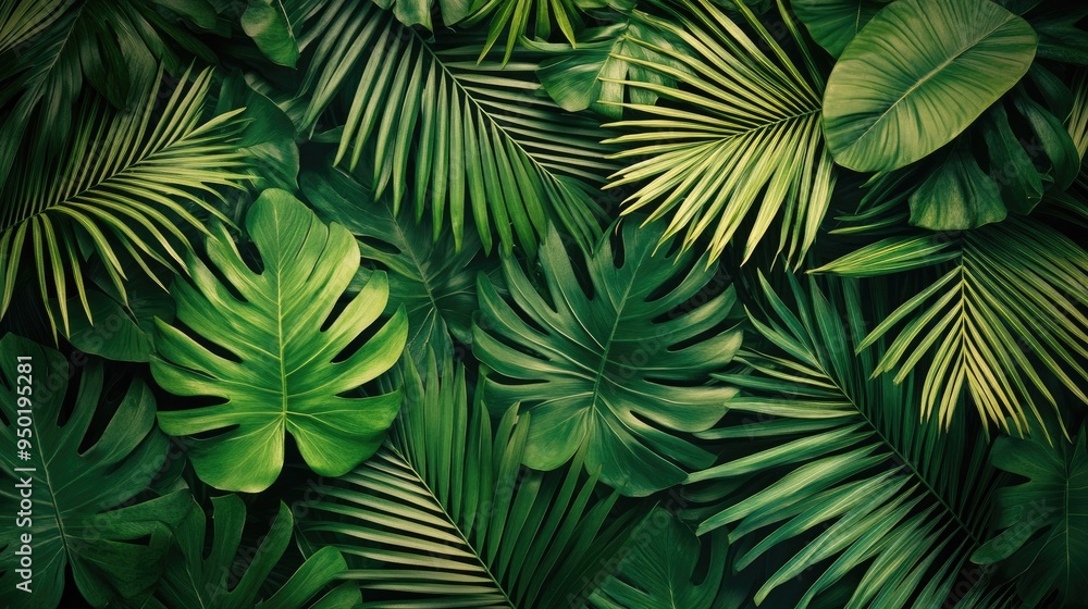 Lush green palm leaves overlapping each other, creating a natural and tropical background, Lush green palm leaves overlapping each other, creating a natural and tropical background,