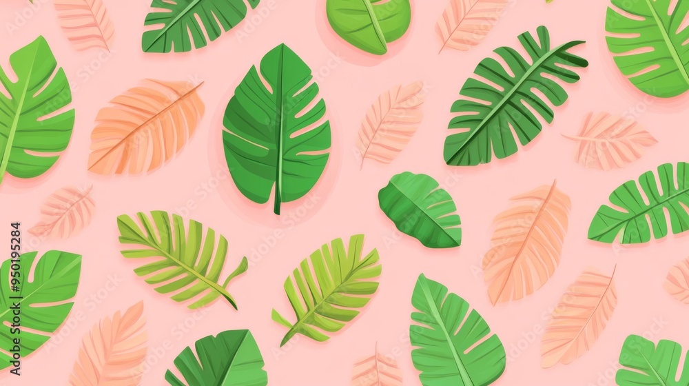 Fototapeta premium A pattern of green leaves is spread across a pink background. The leaves are all different sizes and shapes, creating a sense of movement and depth. Scene is one of natural beauty and tranquility