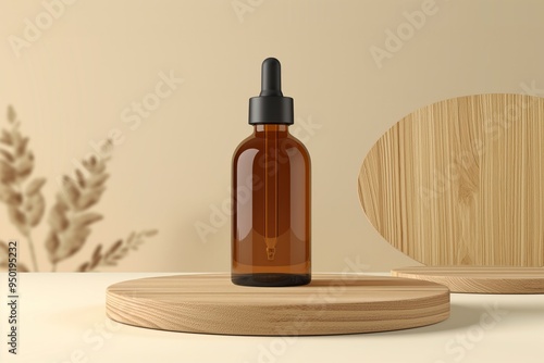 Amber Glass Bottle Mockup with Wooden Stand