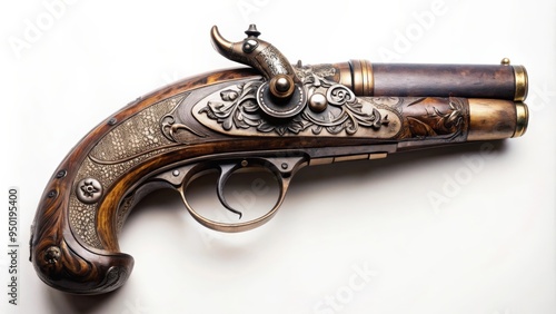 Antique pistol with intricate engravings and wooden handle, gun, vintage, firearm, weapon, old, historic, metal, decoration