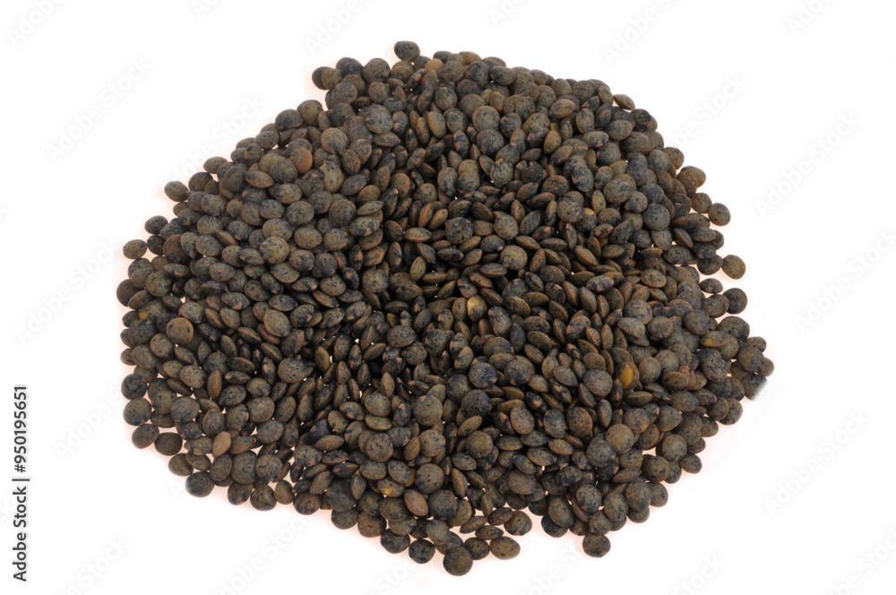 Lentilles du Puy sèches entassées en gros plan sur fond blanc