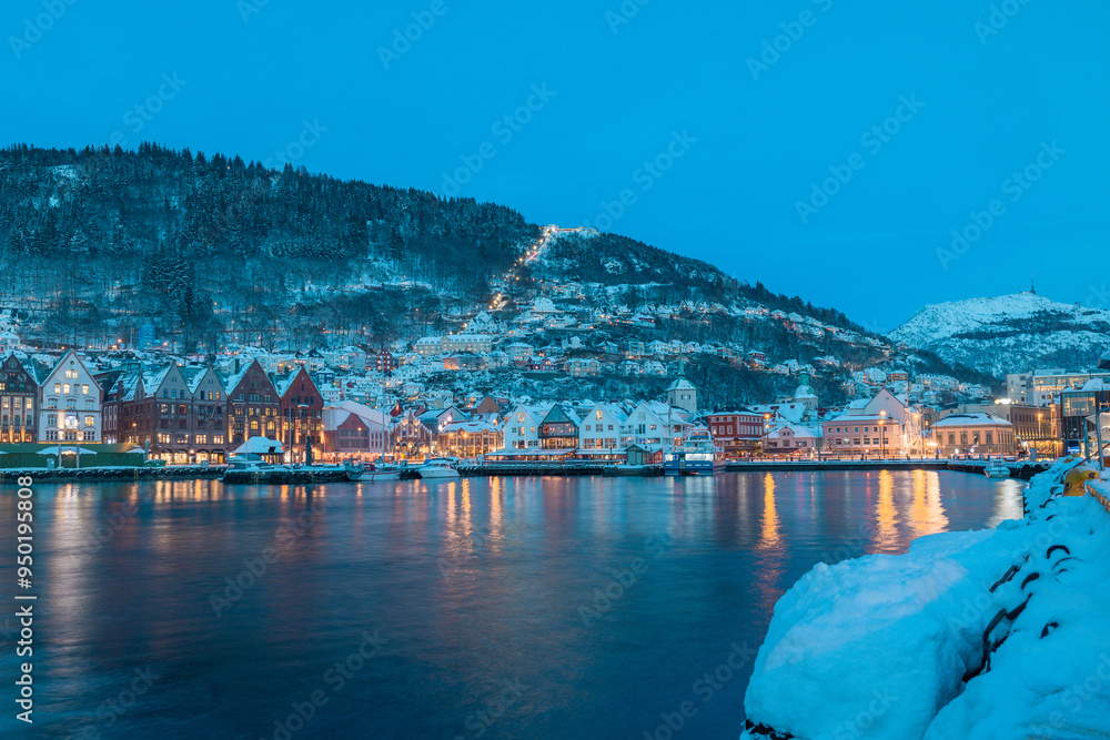 Beautiful evening panorama of Bergen waterfront, Bryggen area.