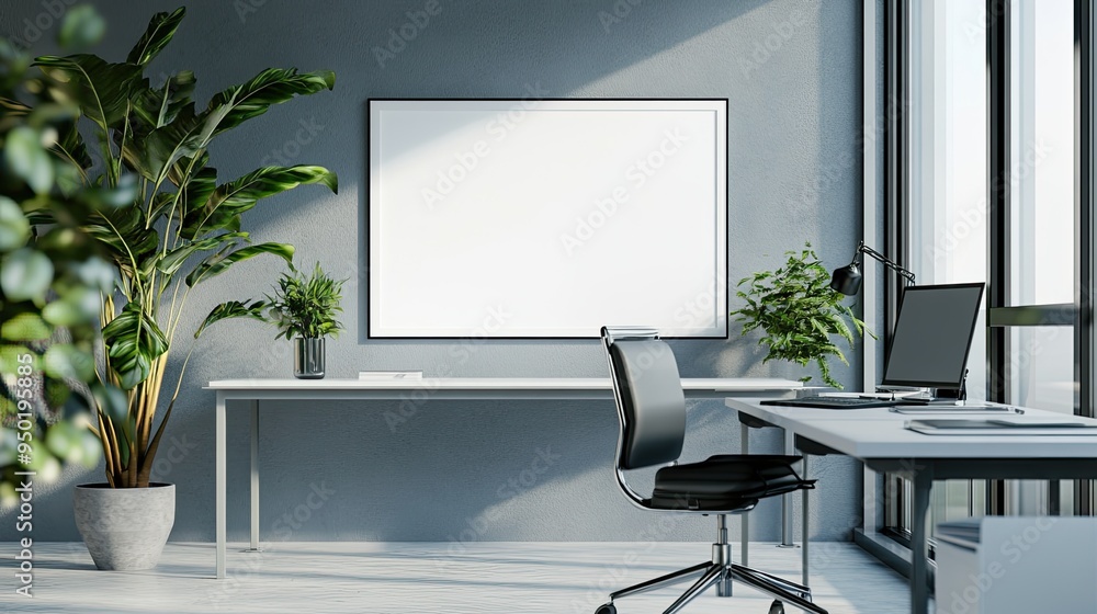 Modern business office interior with a blank white frame mockup, perfect for corporate branding Modern business office interior with a blank white frame mockup, perfect for corporate branding