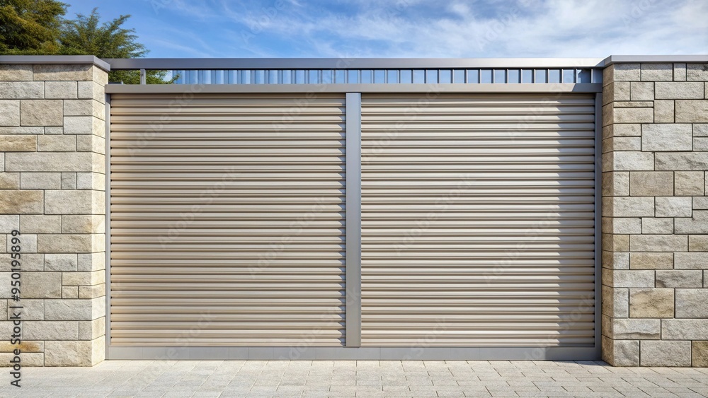 Minimalist modern stone fence with sleek aluminum or metal shutters, decorative, aluminum, architecture, contemporary, sleek, stone, clean, shutter, outdoor, minimalist,modern, metal, fence Minimalist modern stone fence with sleek aluminum or metal shutters, decorative, aluminum, architecture, contemporary, sleek, stone, clean, shutter, outdoor, minimalist,modern, metal, fence