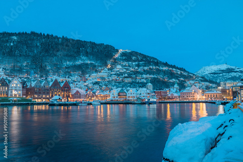 Beautiful evening panorama of Bergen waterfront, Bryggen area.