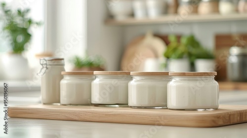 Wallpaper Mural Variety of Alfredo sauce jars arranged on a wooden tray, set in a modern kitchen environment. Torontodigital.ca