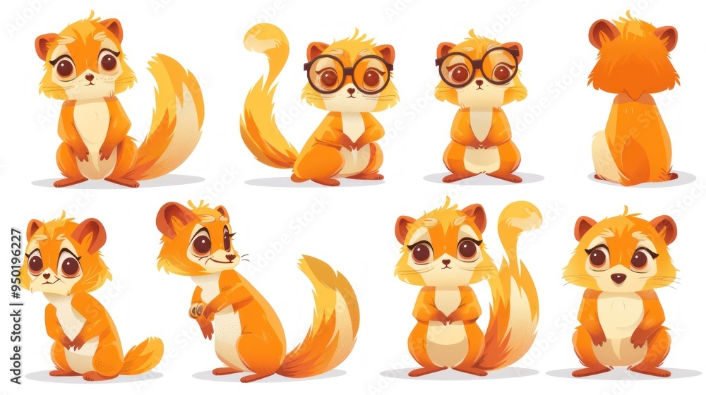 Fototapeta premium A collection of cute cartoon squirrels in various poses and expressions.
