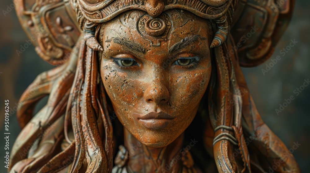 Obraz premium A detailed sculpture of a noble woman warrior stands proudly in an enchanting fantasy realm