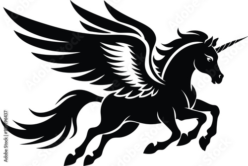 winged horse vector silhouette,  flying pegasus icon, unicorn silhouette